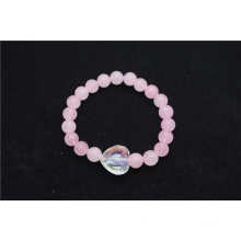 Rose Quartz 8MM Round Beads Stretch Gemstone Bracelet with glass crystal heart shape pendant